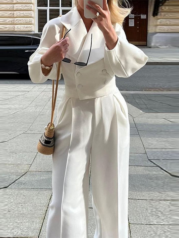 Costum Damă - Sacou Scurt cu Rever și Pantaloni Talie Înaltă
