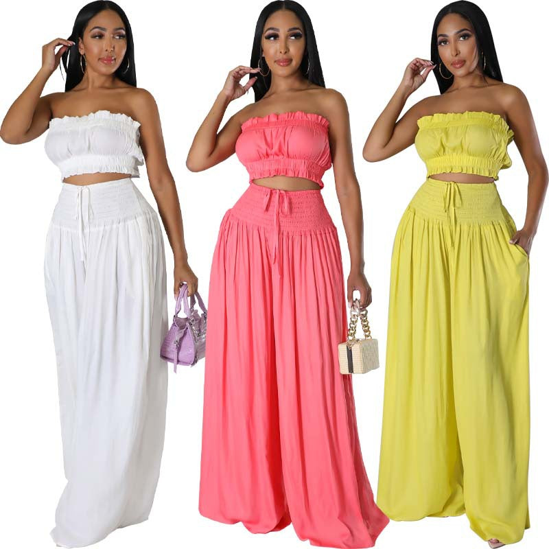 Set Damă - Top Bandou și Pantaloni Largi cu Talie Înaltă