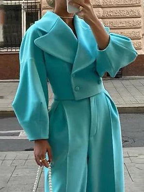 Costum Damă - Sacou Scurt cu Rever și Pantaloni Talie Înaltă