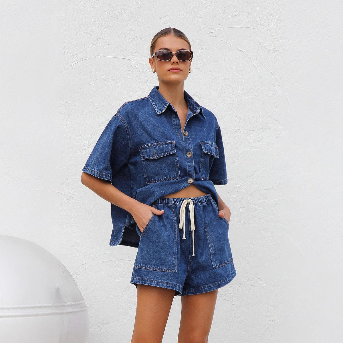 Set Denim Retro Casual Damă - Cămașă și Pantaloni Scurți (2 Piese)