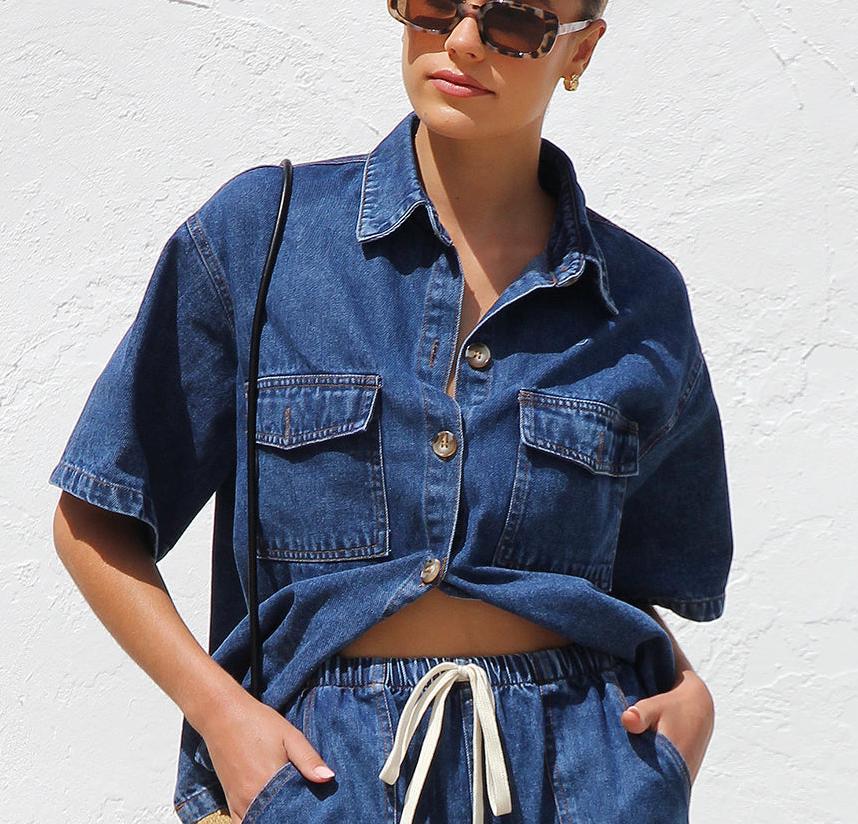 Set Denim Retro Casual Damă - Cămașă și Pantaloni Scurți (2 Piese)