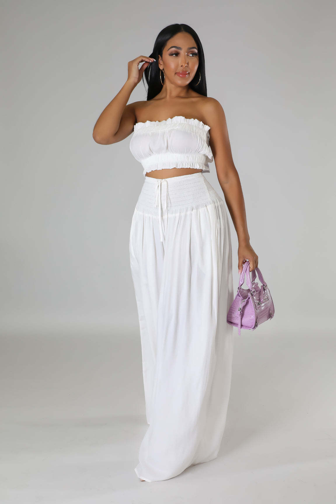 Set Damă - Top Bandou și Pantaloni Largi cu Talie Înaltă