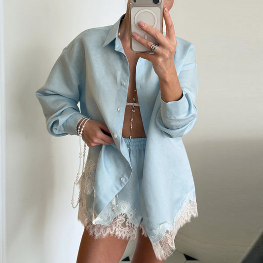 Set Damă Cămașă cu Mâneci Lungi și Pantaloni Scurți cu Dantelă