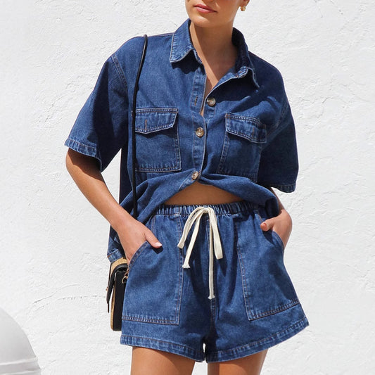 Set Denim Retro Casual Damă - Cămașă și Pantaloni Scurți (2 Piese)