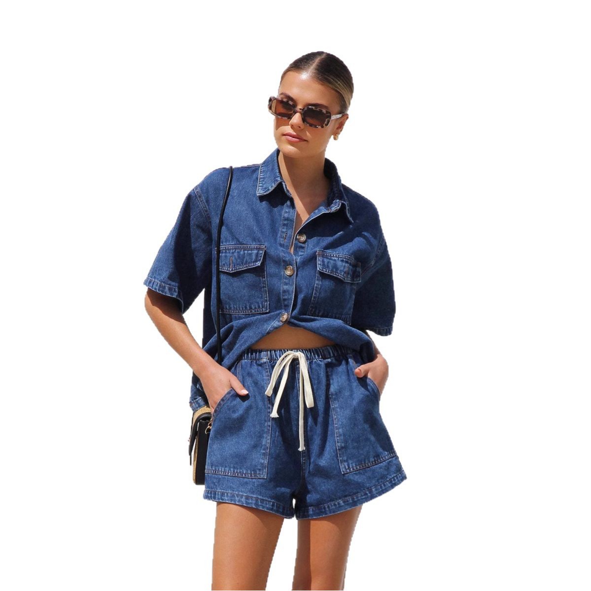 Set Denim Retro Casual Damă - Cămașă și Pantaloni Scurți (2 Piese)