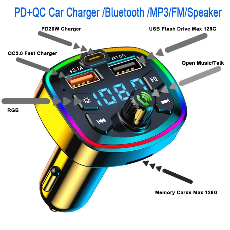 Transmițător FM Bluetooth 5.0 Auto - Încărcător USB Dual și Player MP3
