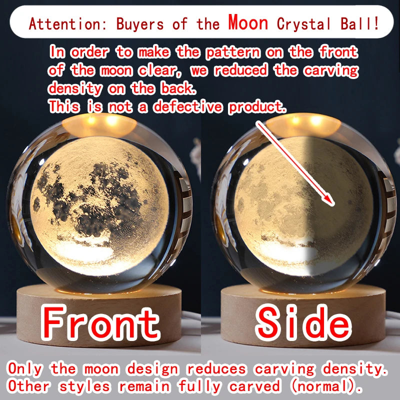 Bilă de Cristal 3D cu LED - Lampă de Noapte Galaxie cu Planete, Lună și Saturn - 5cm