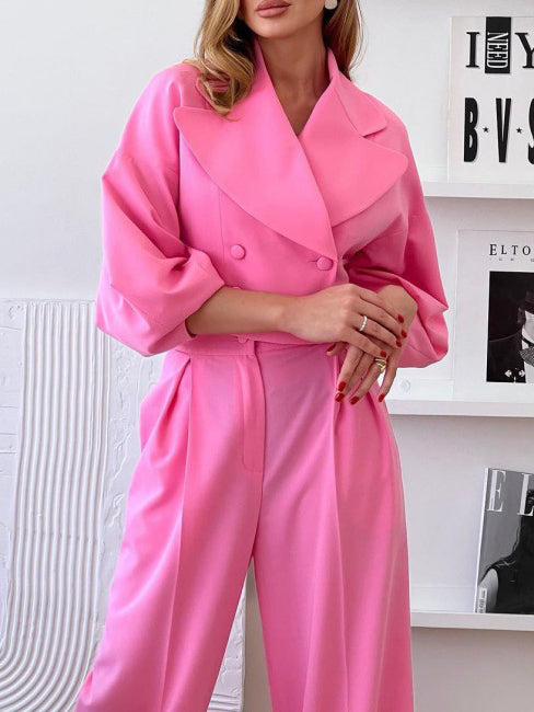 Costum Damă - Sacou Scurt cu Rever și Pantaloni Talie Înaltă